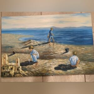 Vintage Pat Moore Original Oil Painting Kids Playing In The Sand